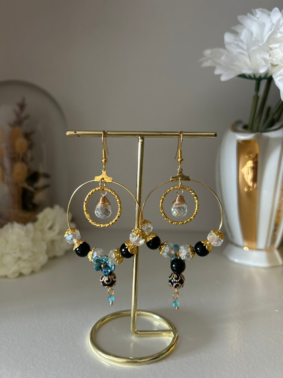 Boucles velours céleste - Perles en verre - acier inoxydable - Création unique - Mieleonor