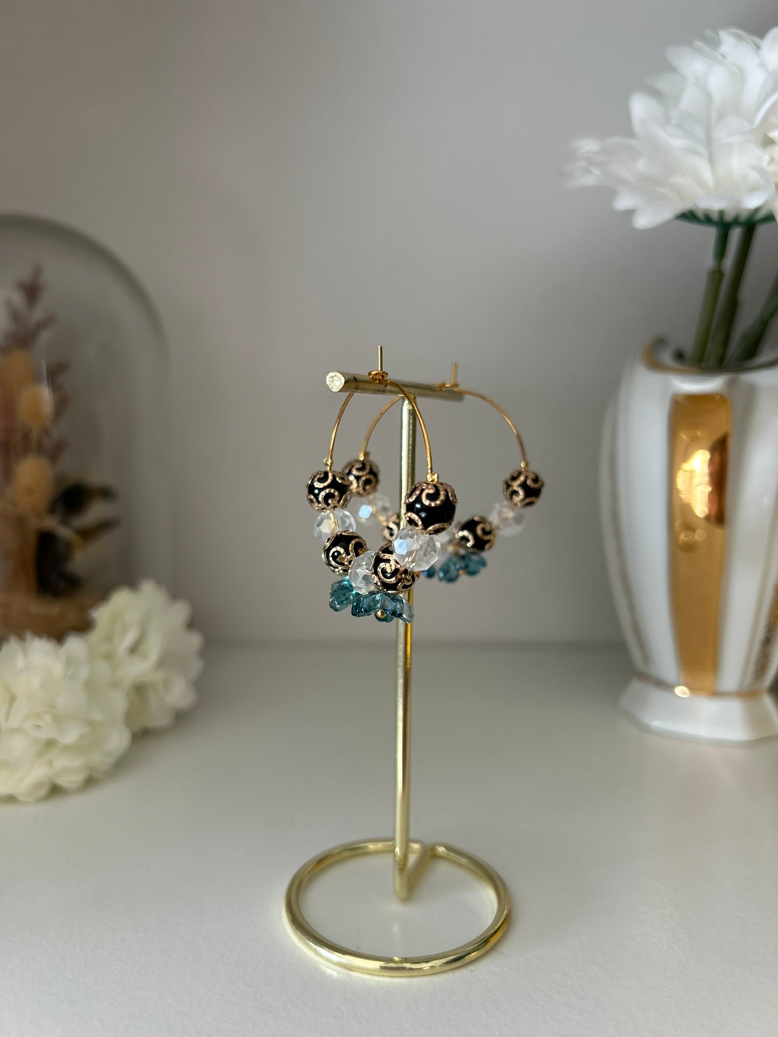 Boucles Saphir d’or - Perles en verre - acier inoxydable - Création unique - Mieleonor