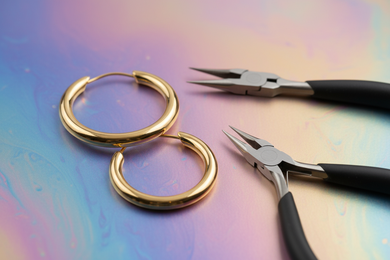Boucle d'oreille ronde et dorée, avec des pinces a bijoux a coté,  sur un fond holographique