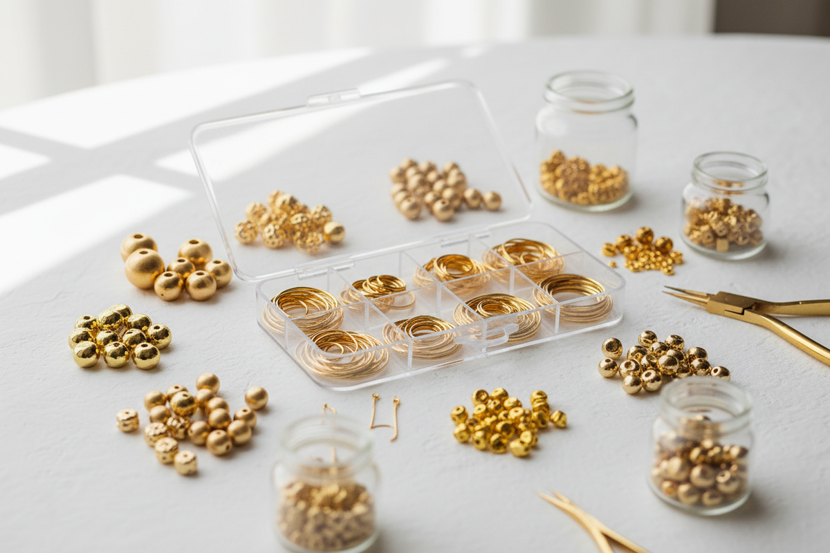 génère moi une image d'un kit do it yourself de bijoux doré avec des anneaux et des perles 